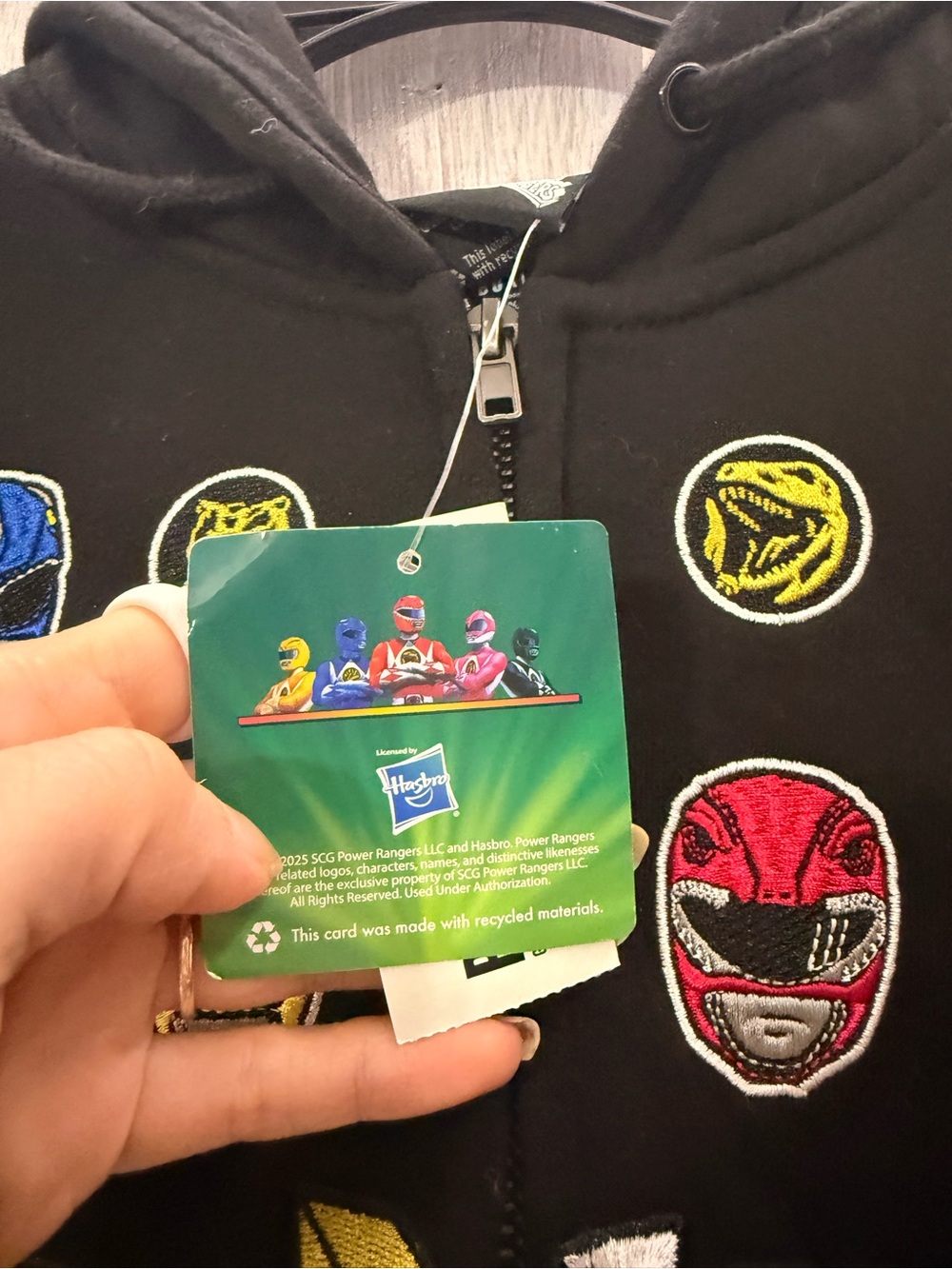 Power Ranger Black Zip-Up Hoodie with Multicolor Ranger Emblems - Picture 3 of 6